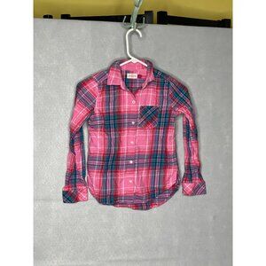Girls M 10 SO Pink Silver Shimmer Plaid Button Down Shirt Cotton Long Sleeve
